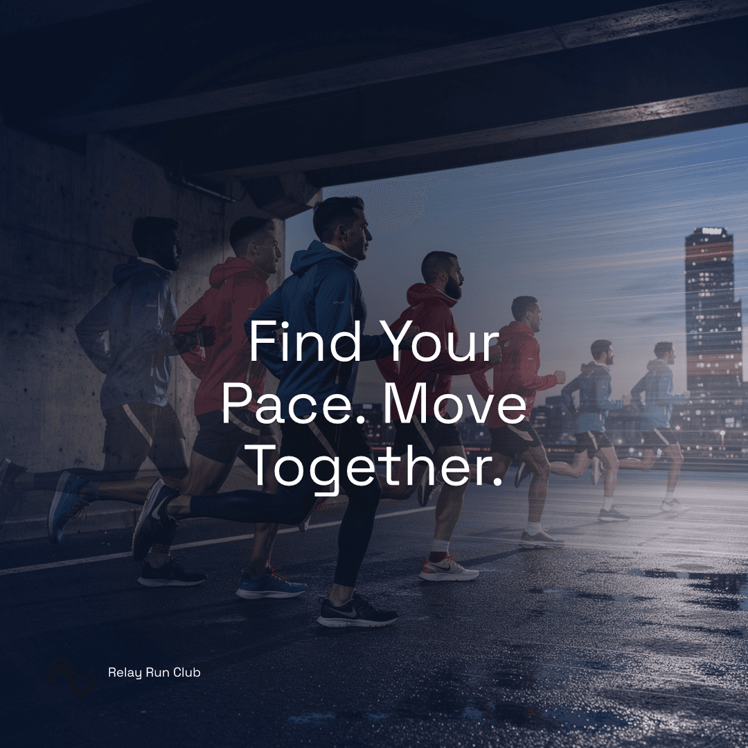 Relay Run Club campaign showing a group running through the city at blue hour